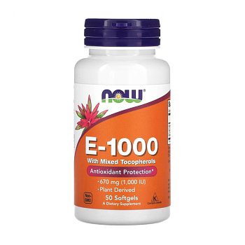 фото дієтична добавка в гелевих капсулах now foods vitamin e-1000 вітамін е 1000 мо, 50 шт